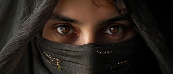 Naklejka premium A close-up shot capturing the beautiful, mysterious eyes of a Middle eastern woman wearing a niqab 