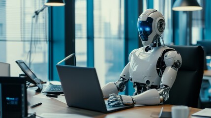 In a corporate office setting, a futuristic robot powered by artificial intelligence operates a laptop 