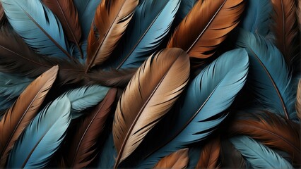 illustrations of colorful plumage feathers with light blue and brown pattern arranged in beautiful array.  generative, AI.