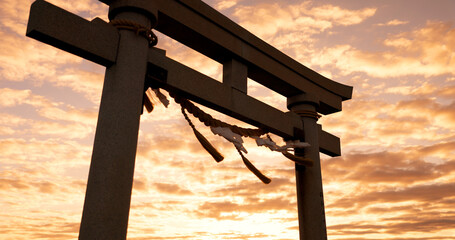Torii gate, sunset and cloudy sky with zen, peace and spiritual history on travel adventure in Japan. Shinto architecture, Asian culture and calm nature on Japanese landscape with sacred monument.
