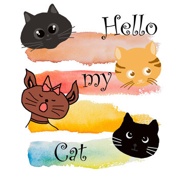 Hello my cat - Cat cartoon animal pet paintings, feline kitten kitty isolated illustration, collection happy