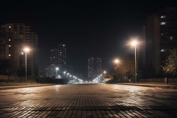 Desolate street, pathway, urban landscape at night under an illuminated cityscape. Generative AI - obrazy, fototapety, plakaty
