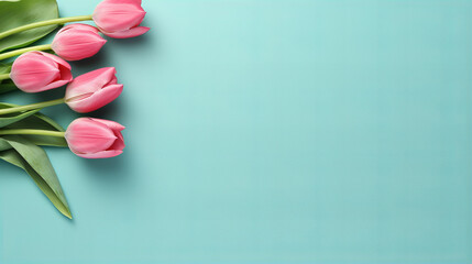 Bouquet of spring pink tulip on pastel blue background, spring flowers for gift, 8 March, Valentine day, Birthday party, International women day, 14 February, Easter, Copy space image Place for text - Powered by Adobe