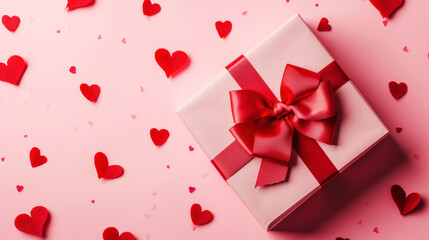 Top view of aesthetic gift in craft box with ribbon. Pink hearts confetti background. Greeting concept. Generative AI