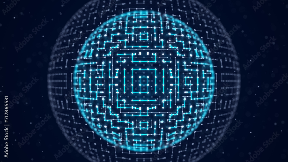 Fototapete Sphere of particles and lines. Futuristic digital technology. Network or connection. Abstract background of points and lines. Big data. Science background. 3d rendering