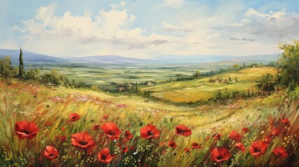 Rural countryside landscape, field of poppies, painting, art on canvas