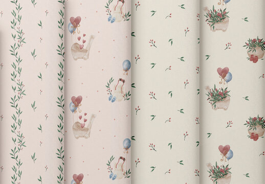Watercolor Seamless Patterns Set With Floral And Baby Newborn Elements.