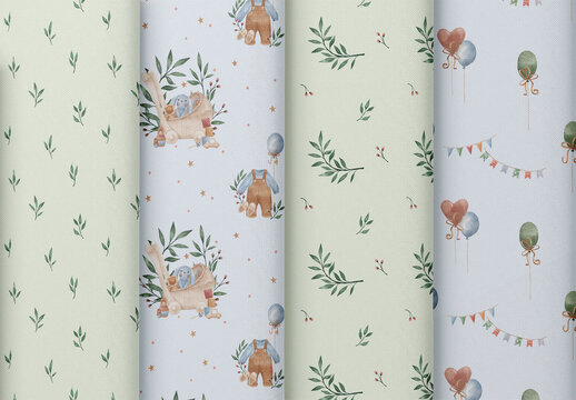 Watercolor Seamless Patterns Set With Air Balloons And Baby Newborn Elements.