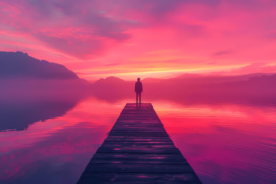 As the afterglow of sunset bathed the landscape in a warm hue, a solitary figure stood on the dock, gazing at the horizon where the sky met the tranquil waters of the lake, lost in thought as the clo