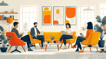 Business team discussing ideas for startup. Leader speaking at board with notes and lightbulb flat vector illustration. Corporate meeting concept for banner, website design or landing web page Meet