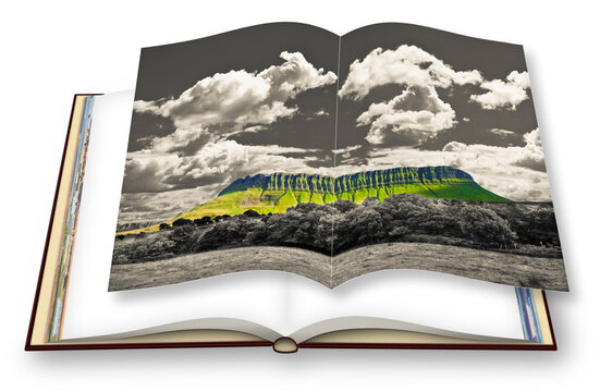 Typical Irish landscape with the Ben Bulben mountain called table mountain for its particular shape (county of Sligo - Ireland) - 3D render photo book