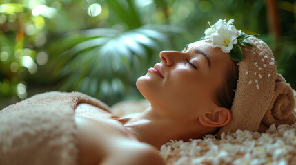 Obraz na płótnie Canvas woman relaxing in spa and wellness salon