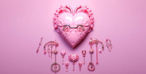 pink heart and key, pink heart, pink heart ornament and other items in the style