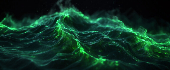 Green waves abstract background, glowing water