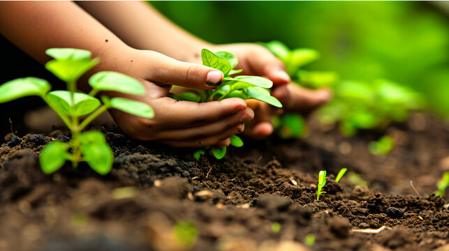 Planting for Growth: Hands Nurturing Seedlings in Soil, Symbolizing Care and Environmental Responsibility