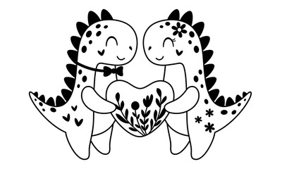 Black and white Valentines dinosaurs clipart. Valentines day clipart. Valentine dino in cartoon flat style. Dinosaur doodle. Vector illustration.