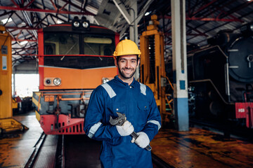 Male engineer maintenance locomotive engine wearing safety uniform, helmet and gloves work in locomotive repair garage.