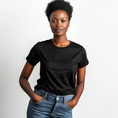 Black T-shirt Mockup, African Woman, Girl, Female, Model, Wearing a Black Tee Shirt and Blue Jeans, Blank Shirt Template, White Background, Close-up View