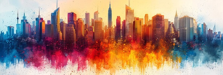 Sunset in the City: A Vibrant Painting of a Skyline with a Pop of Color Generative AI