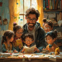 Family Time: A Father and His Children Enjoy a Book Reading Session Generative AI