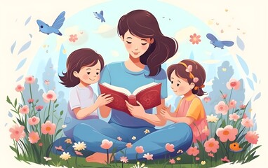Obraz premium vector illustration Mother's day, kindergarten, motherhood vector. A young mother reads a fairy tale to her son and daughter which is very cute