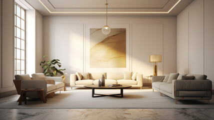 Canvas of Tranquility: Exploring an Empty Room with White Designed Walls, Featuring a Captivating Front Painting, Three Inviting Sofas adorned with Plush Pillows, a Chic Brown Table, an Empty Pot 