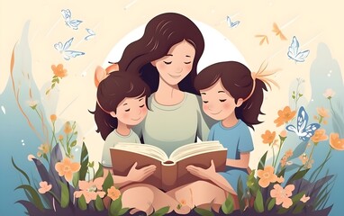 vector illustration Mother's day, kindergarten, motherhood vector. A young mother reads a fairy tale to her son and daughter which is very cute