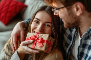 Valentine's Day surprise moment is captured as a man lovingly covers a woman's eyes while presenting her with a gift box adorned with a red ribbon, suggesting a special occasion or celebration