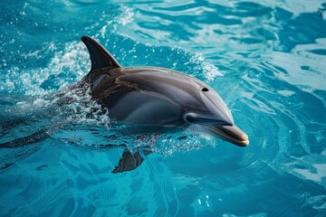 smiling dolphin in blue water, dolphin and human