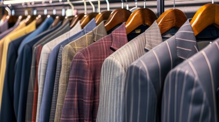 Fototapeta premium Men's jackets on hangers in a men's store. AI generated.