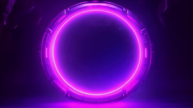 Neon glowing shining purple door portal with luminous lightning on dark background. Futuristic time travel concept
