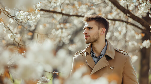 Handsome businessman man in a coat walks through a spring blooming park in his free time
