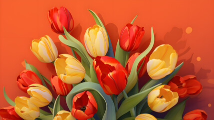 Beautiful bouquet of tulips on a red background