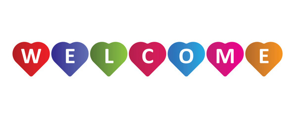 3d welcome sign in colorful hearts shape of a symbol