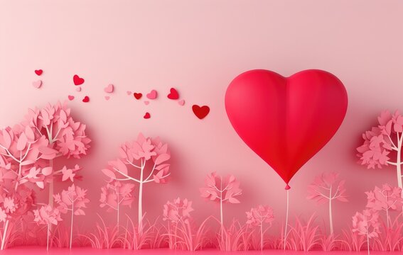 Valentine's Day concept depicting a heart-shaped balloon, soaring through a pink sky, carrying a gift box while a gentle cascade of smaller hearts drifts down over a whimsical paper-cut landscape. Ai 