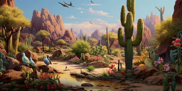 A desert oasis with blooming cacti, where a flock of colorful parakeets gathers, and a family of meerkats forages for food.