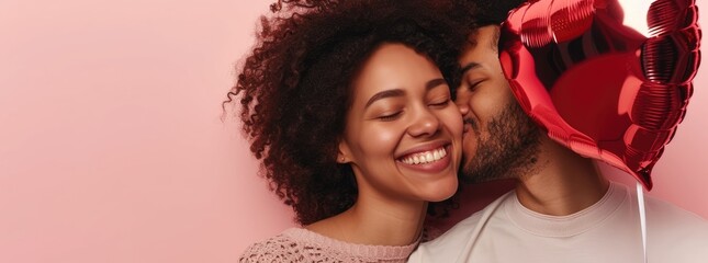 Valentine's Day A loving couple embraces, moment with a kiss on the cheek, against a soft pink backdrop. The woman smiles, heart-shaped red balloon, symbolizing love and celebration on Valentine's Day - obrazy, fototapety, plakaty