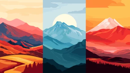 Poster The mountain landscape is set with sunset and sunrise in a flat style. Vector illustration © Виктория Дутко