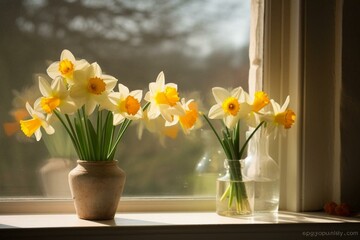 an arrangement of daffodils placed in a vase on a windowsill. Generative AI