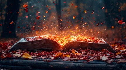 Fall Leaves and Autumn Fires: A Bookish Celebration of the Season Generative AI - obrazy, fototapety, plakaty