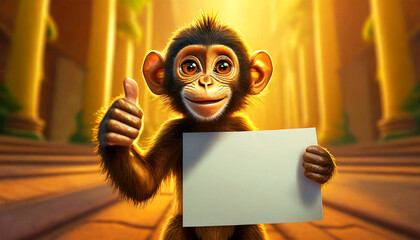 Portrait of a cute and smiling monkey holding up a blank banner (white sheet of paper) with copy space, looking at camera and hand giving thumbs up. Generative Ai.