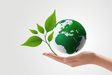 Close up of a green plant with leaves and 3d earth object growing from hand.ai generated