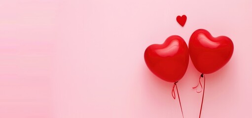 Valentine's Day Two metallic red heart-shaped balloons float against a vibrant pink backdrop, offering a minimalist yet evocative symbol of love and Valentine's Day celebration. Ai generated - obrazy, fototapety, plakaty