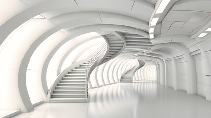 Modern Architectural Corridor, Futuristic Tunnel Design, Abstract Interior and Technology, White Building Hall, Geometric Structure and Perspective, Empty Space