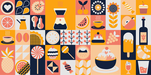 Geometric pattern of food. Bakery products, sweet dessert, fruits, candies, ice cream, tea, coffee, wine, drinks. Simple forms. Restaurant menu concept. Vector minimal banner - obrazy, fototapety, plakaty