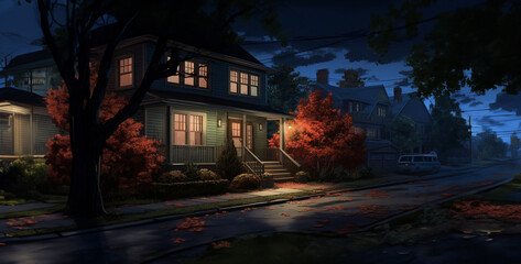 halloween scene, house in the night, a house at night in a nice neighborhood