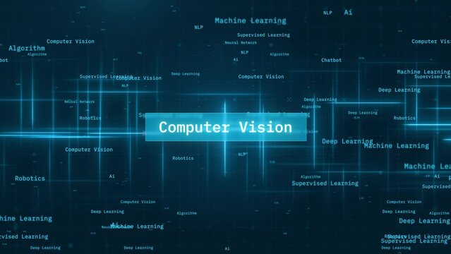 Computer Vision Text on Futuristic Cyberspace Background. 3D Grid and Binary Numbers.