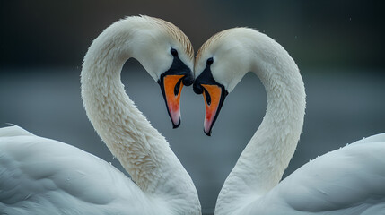 beautiful white swan in heart shape on lake in flare light .Love bird and Valentine's day concept. generative Ai