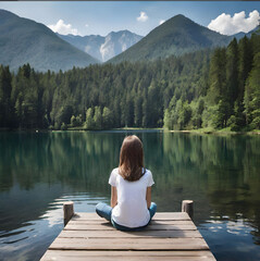 ragazza seduta su un pontile che si affaccia in un lago