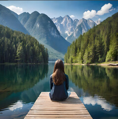 Naklejka premium ragazza seduta su un pontile che si affaccia in un lago